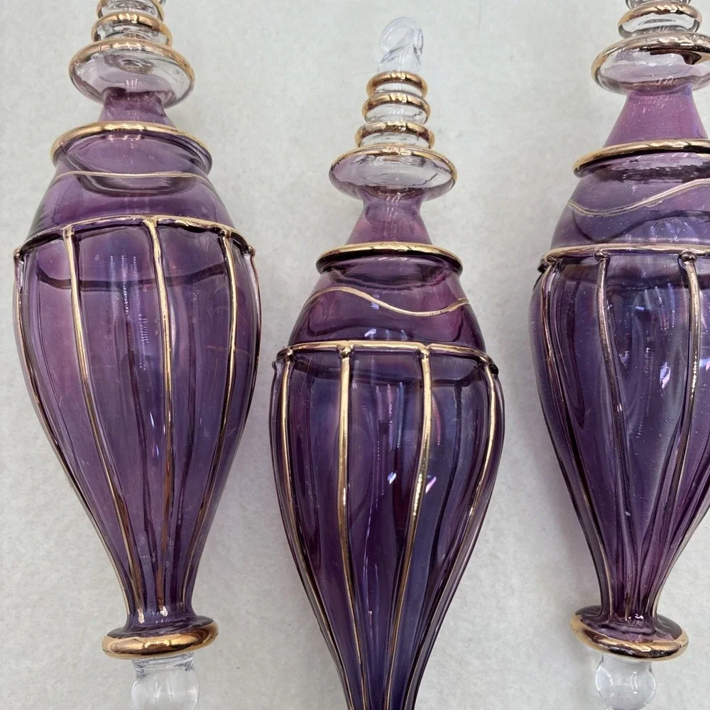 Purple Hand Blown Glass Ornaments Gold Filigree Teardrop Finial Set of 3 6